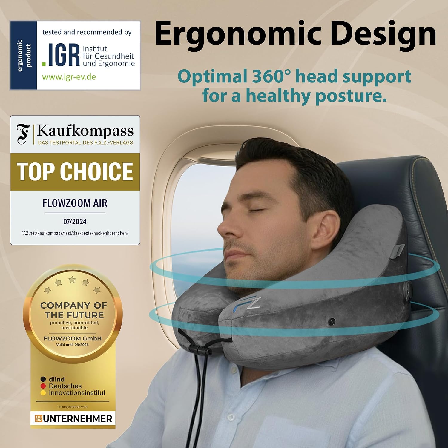 Detalle 2 de FLOWZOOM AIR L - GY1 Inflatable Travel Pillow, Grey Size L with Hood