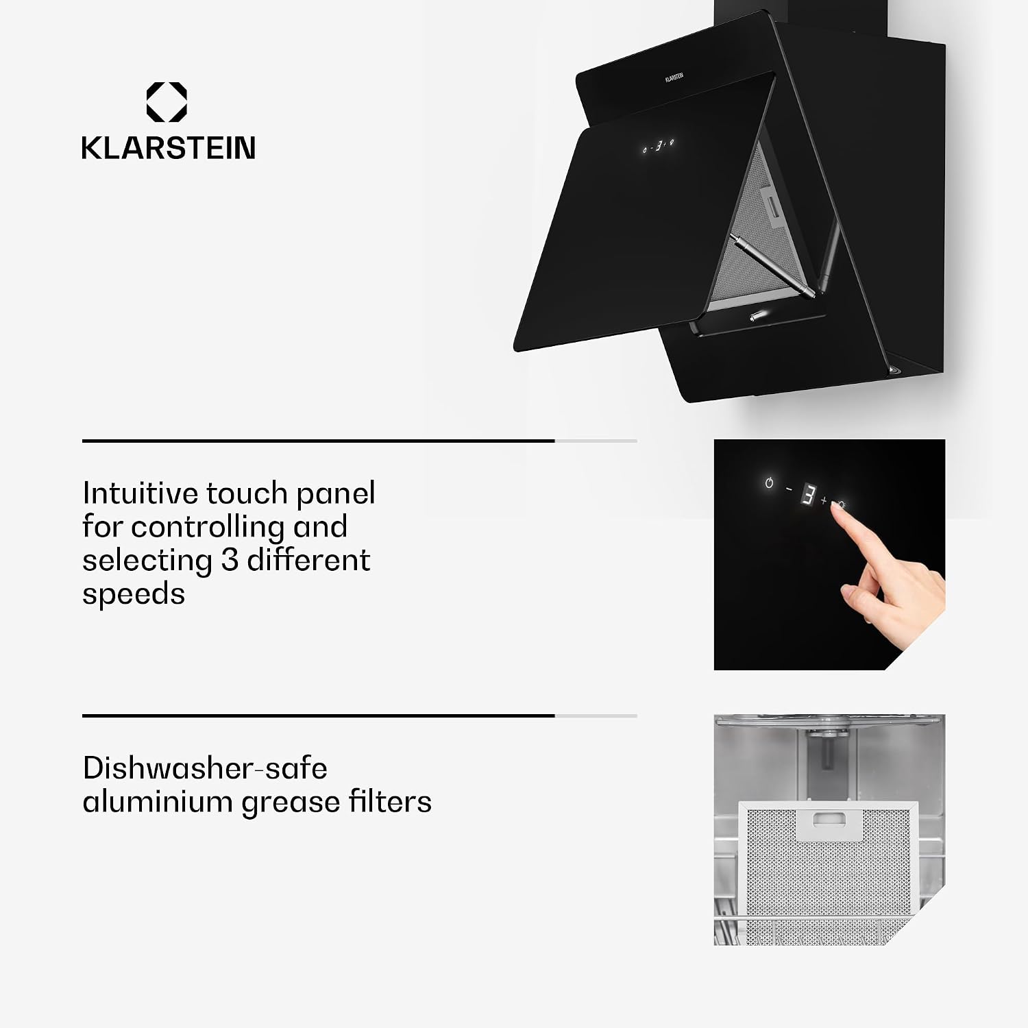 Detalle 2 de Klarstein KH607-LED-BKNEO Wall-Mounted Cooker Hood, 607m³/h, Touch Controls