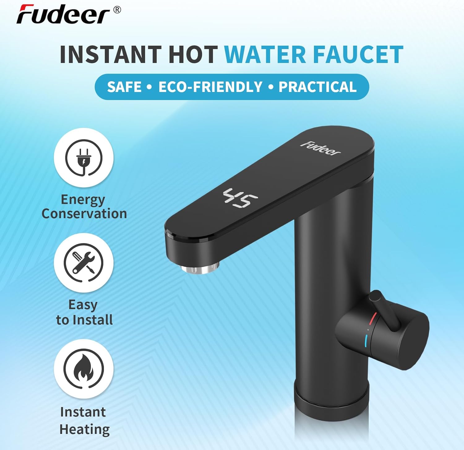 Thumbnail 1 de Fudeer Wasserhahn mit Durchlauferhitzer (230V, 3,3 kW) und Digitaldisplay – 30–45 °C, drehbarer Auslauf, 304 Edelstahl
