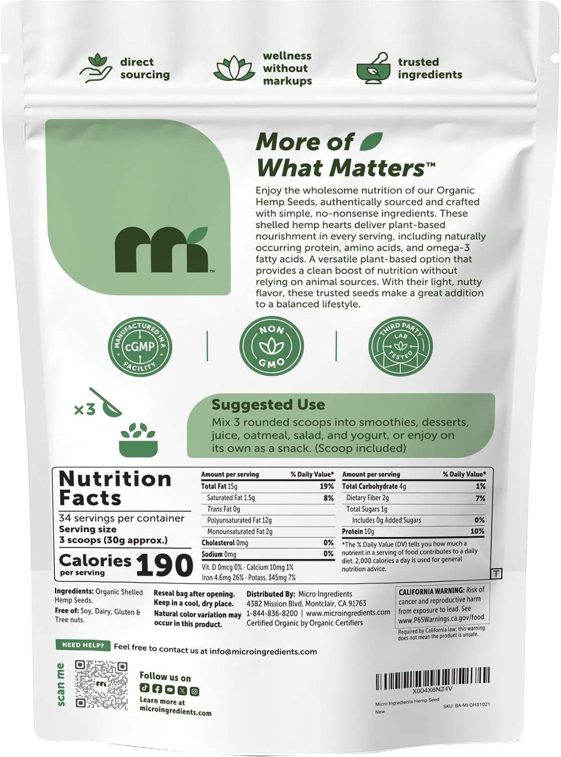 Detalle 2 de Micro Ingredients Organic Hemp Seeds, 36 oz