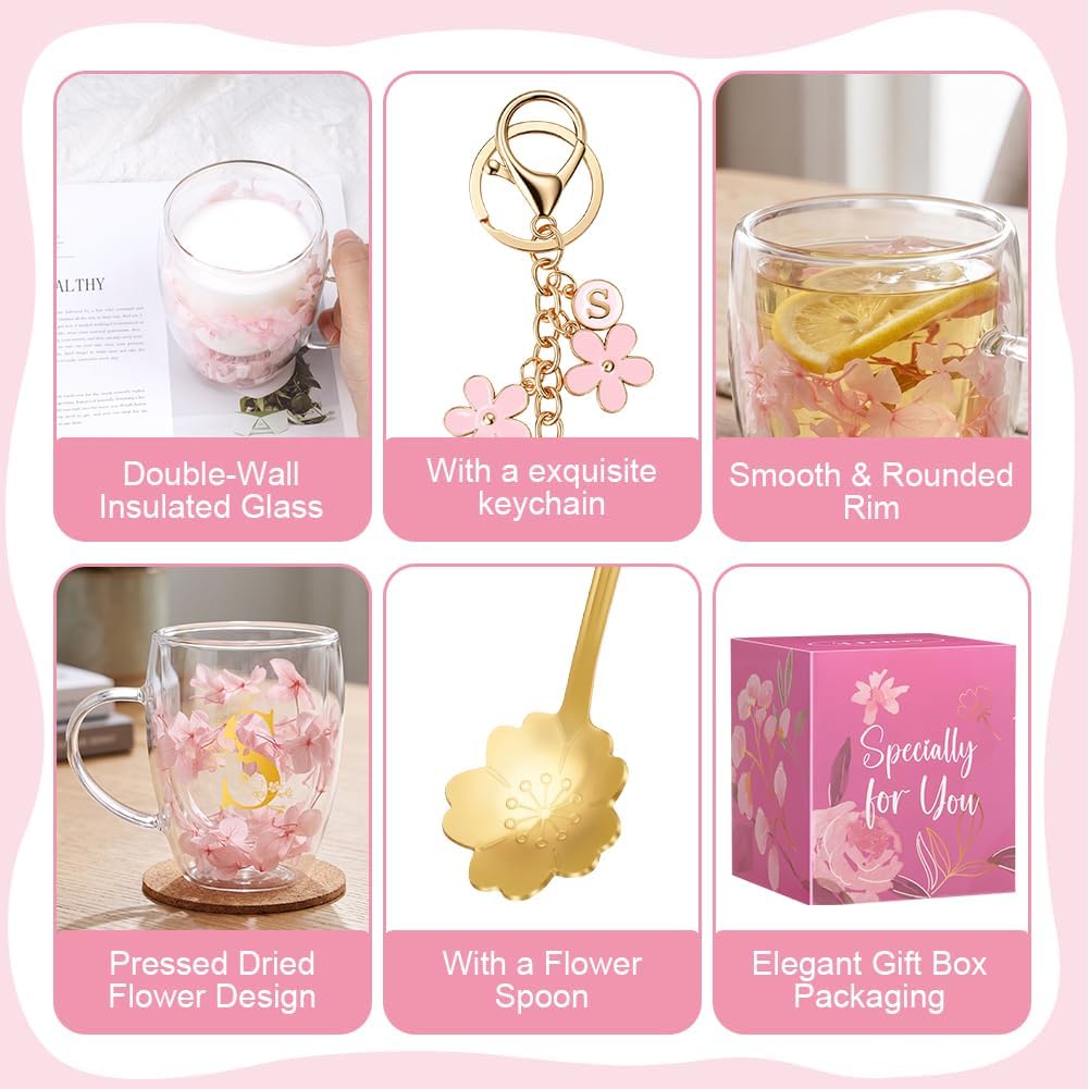 Detalle de AOOTE 6324941 dubbelväggig glasmugg 350 ml med torkade blommor