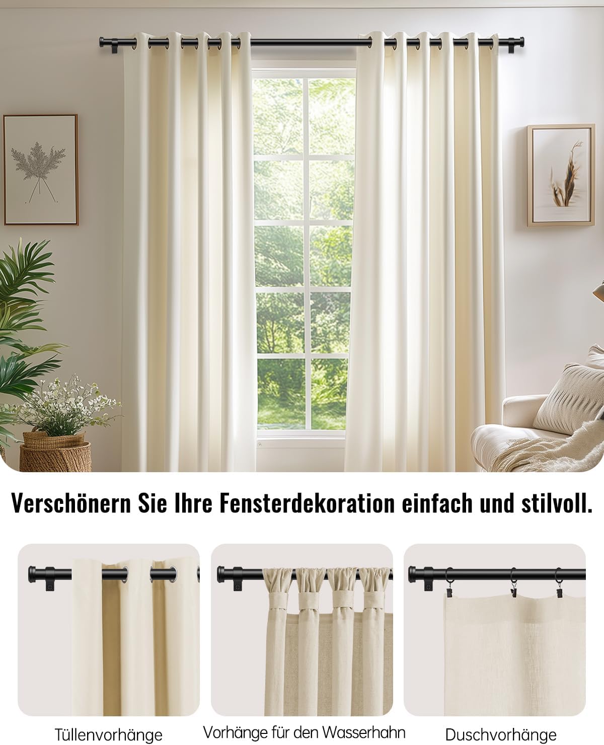 Thumbnail 5 de DEFYNEE Tringle à rideaux extensible noire 80-183 cm (diamètre 25 mm) avec supports