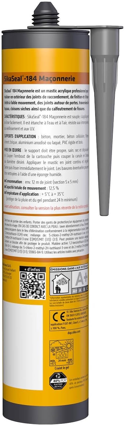 Thumbnail 1 de SikaSeal-184 Maçonnerie gris béton – Mastic acrylique haute performance, joints et calfeutrement (300 ml)