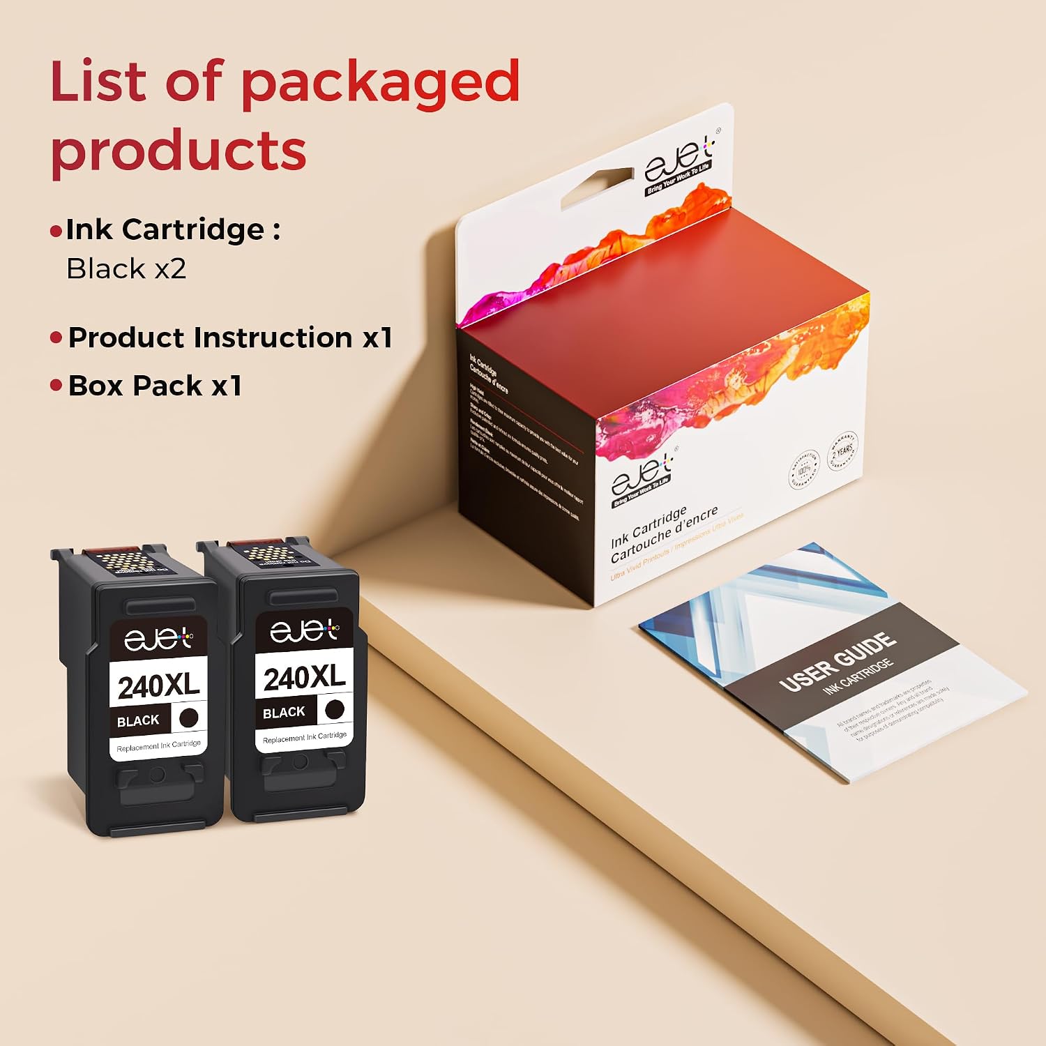 Detalle 1 de ejet PG-240XL Black Ink Cartridge, Remanufactured 2-Pack, Up to 630 Pages