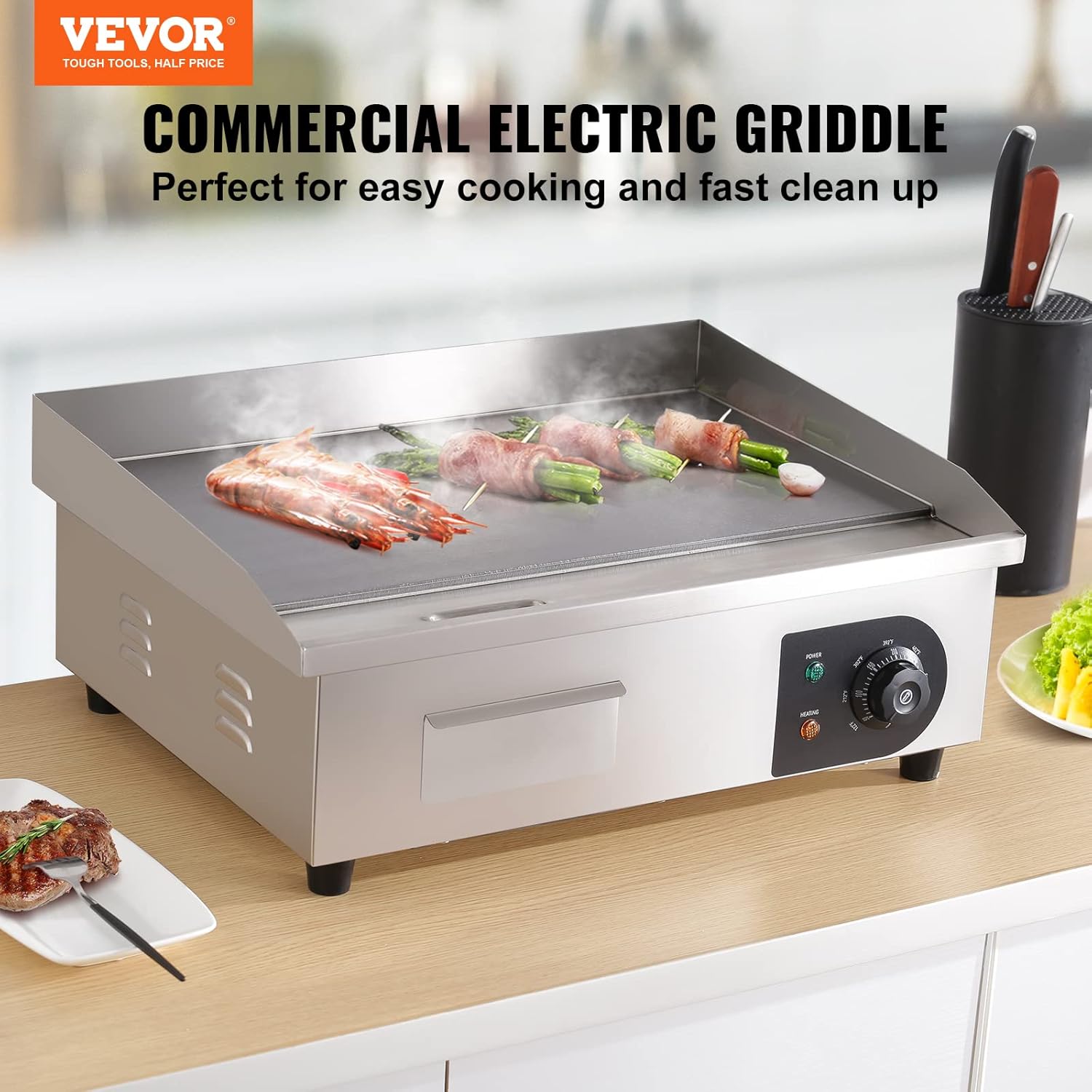 Thumbnail 1 de VEVOR 22" Commercial Electric Griddle (1600W) w/ Iron Plate, Adjustable 122–572°F
