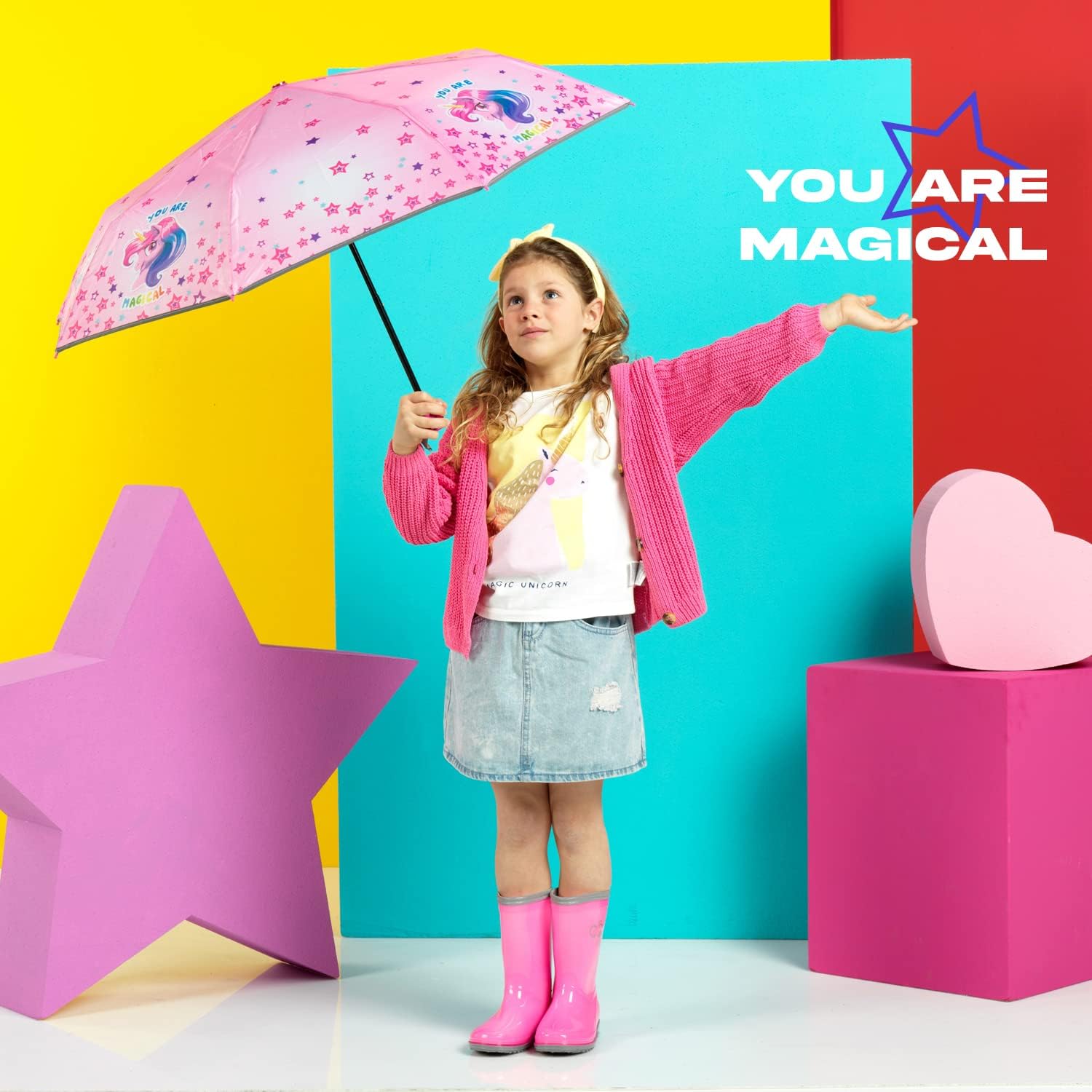 Thumbnail 1 de Ombrello pieghevole rosa con unicorno per bambina, portatile e antivento (diametro 91 cm)