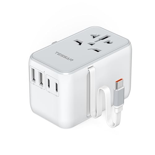 Detalle de TESSAN Adaptador Enchufe Universal 6 en 1 con cable USB‑C retráctil (PD 35 W)