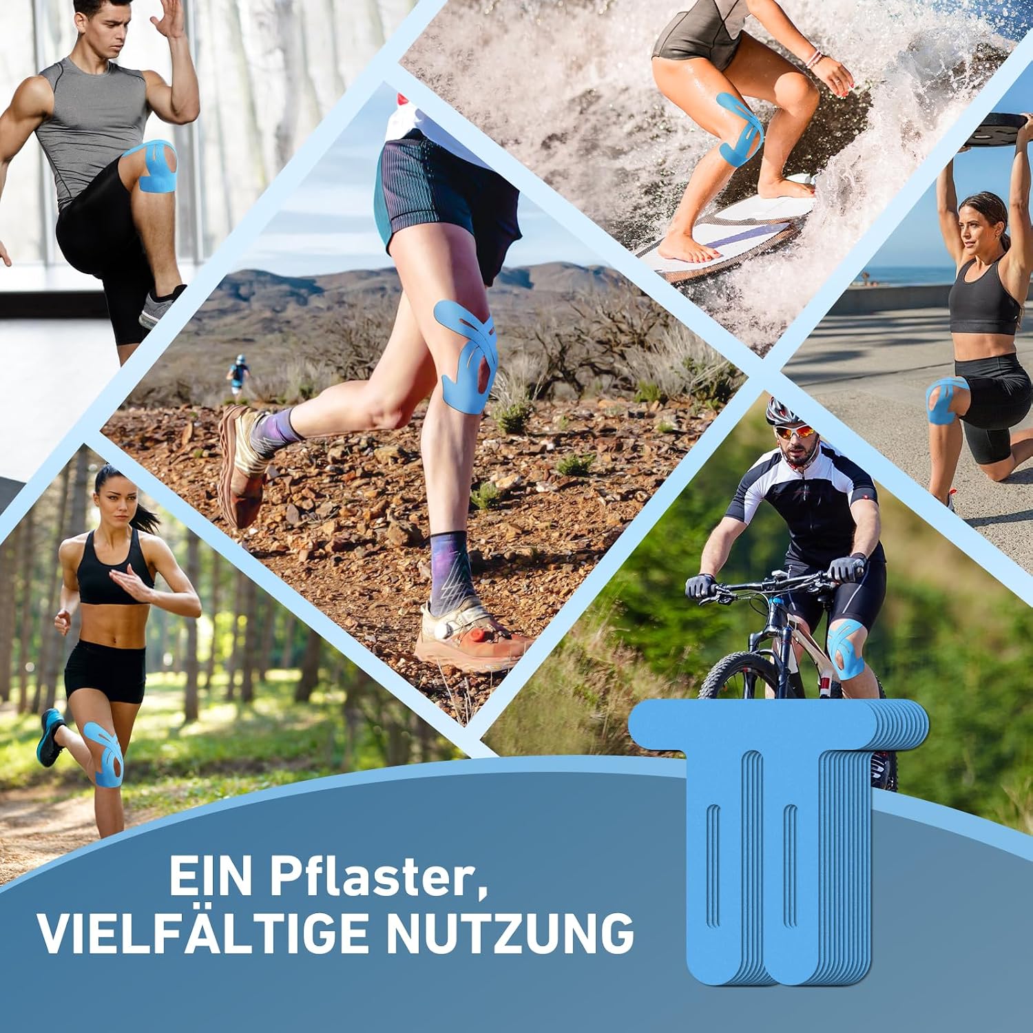 Detalle de PreCut Kinesiotapes Kinesiologie-Tapes (vorgeschnitten) für Knie – wasserfest, elastisch & hautfreundlich, 10 Streifen – blau