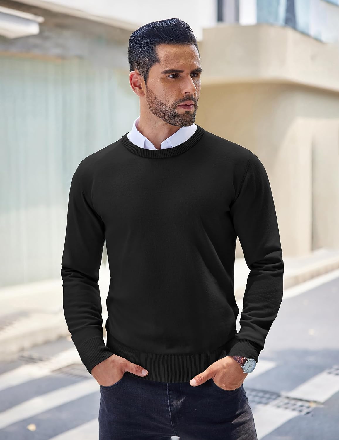 Detalle 2 de COOFANDY Men's Crew Neck Sweater, Slim-Fit Lightweight Knit Pullover