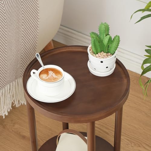Detalle de HOOBRO EMA156BZ01, table d’appoint ronde en bambou à 2 niveaux, brun rouge foncé