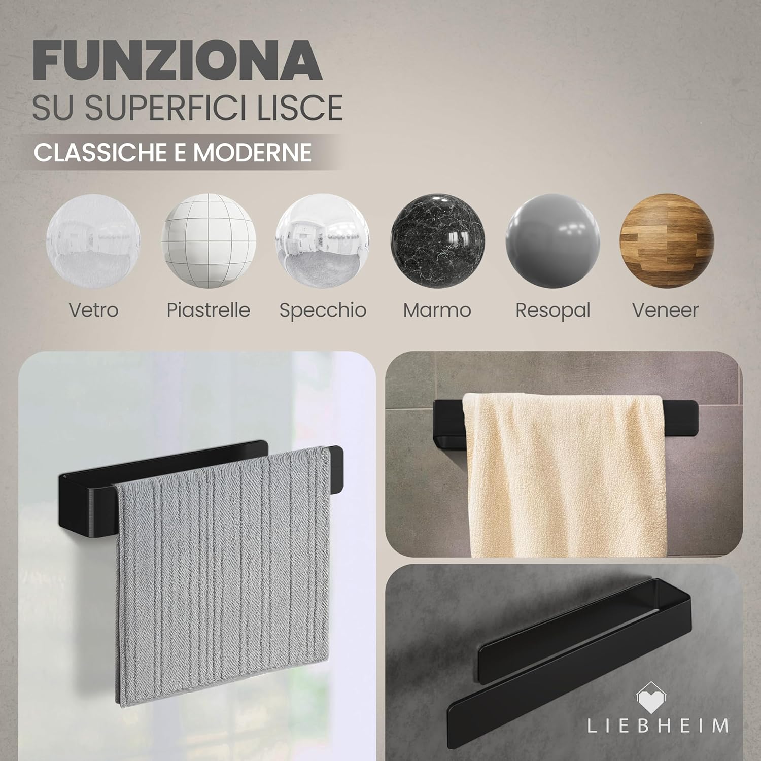 Detalle de LIEBHEIM porta asciugamani adesivo da parete in alluminio nero, senza forare (22 cm)