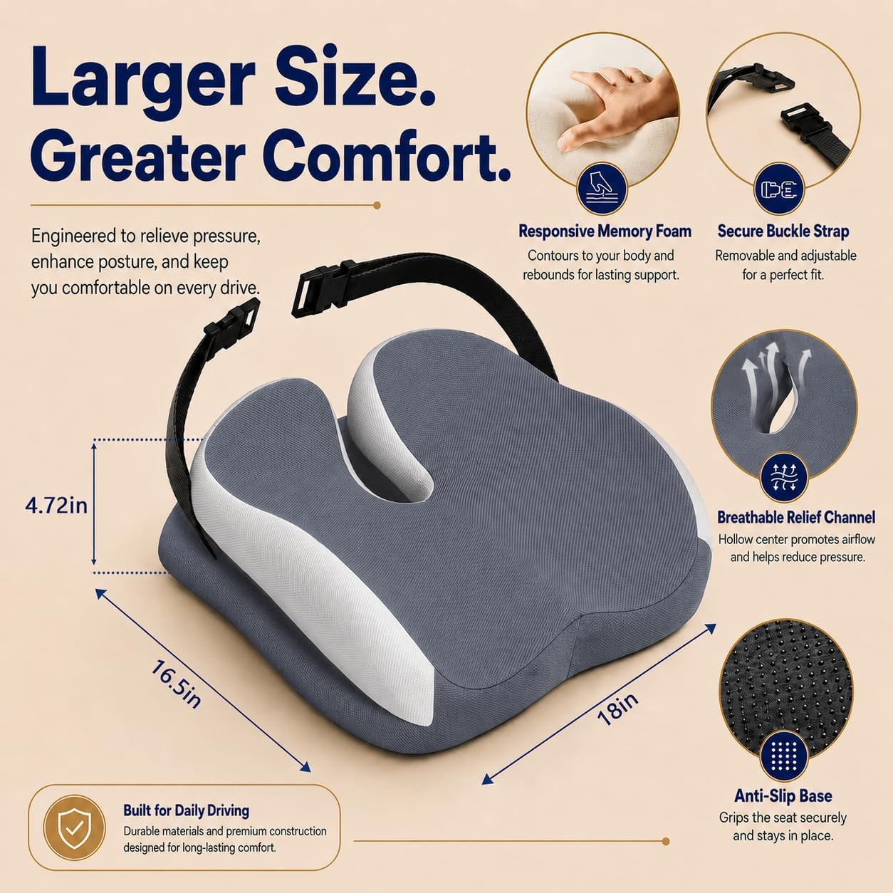 Detalle de ZFUHWT Memory Foam Seat Cushion, 4.7-Inch Thick with Adjustable Straps