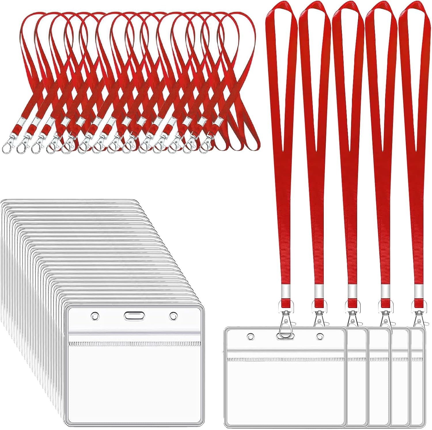 XHDA Red 30PCS Lanyards with Clear Card Holder + 30PCS Red Neck Lanyards (100 x 85mm PVC sleeve, 45cm length)