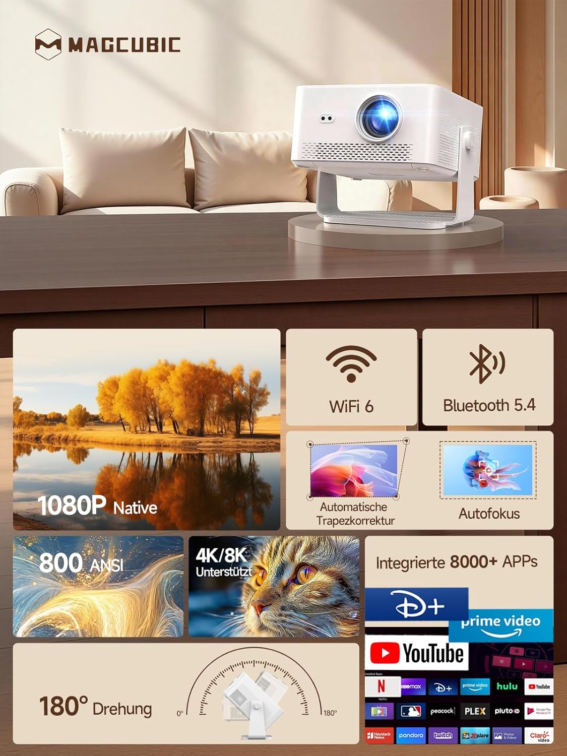 Detalle 2 de Magcubic Mini Beamer Projector HY450Max: Android 14, 800 ANSI Lumen, native 1080P, WiFi 6 & Bluetooth 5.4