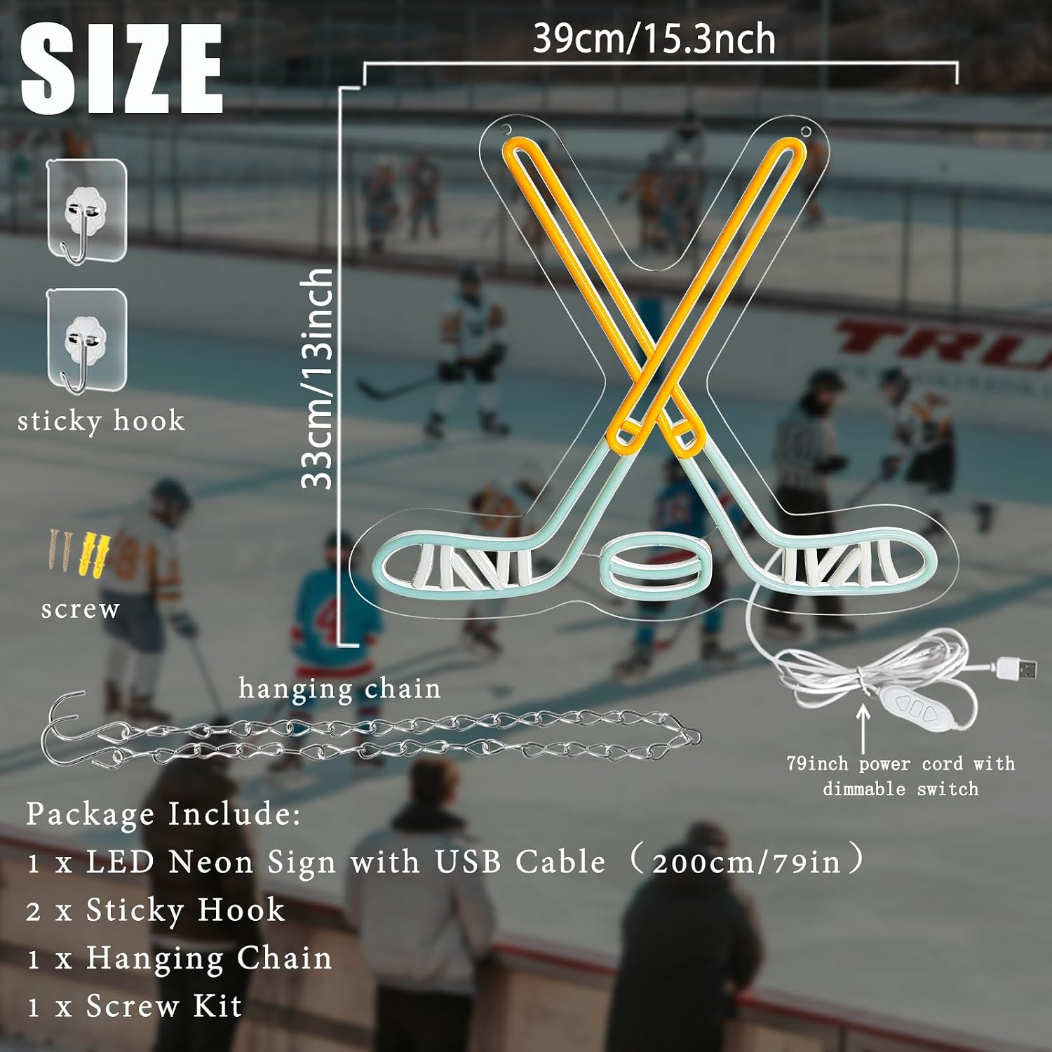 Detalle de Weeddy neonbord ijshockey, dimbaar met USB-voeding, 39 x 33 cm