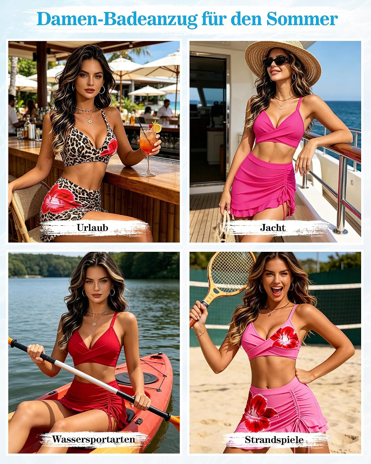 Detalle de HORISUN Damen 3-Teiliges Bikini-Set: High Waist, Twist Front V-Ausschnitt, Rock & abnehmbares Höschen
