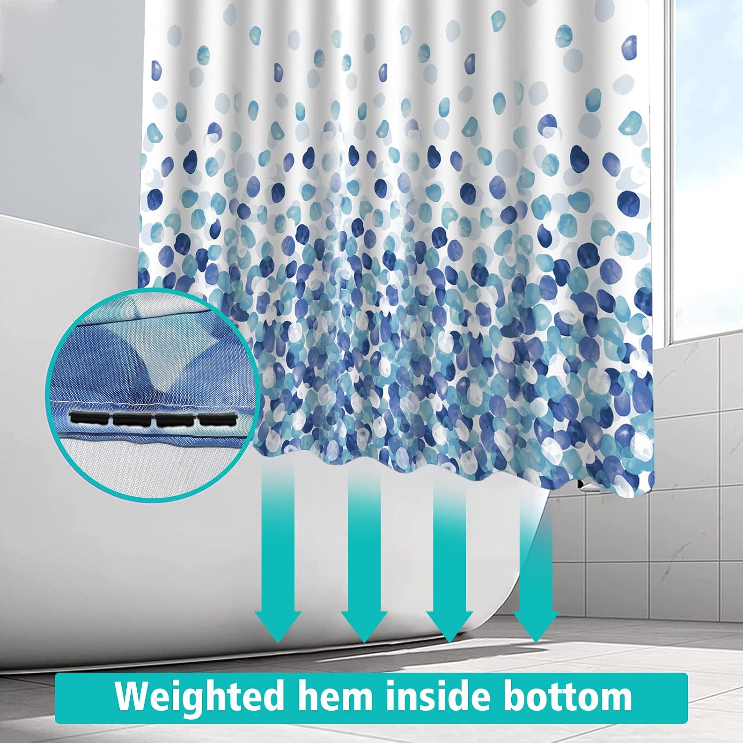 Detalle de Rideau de douche HANFU en polyester 180x200 cm à motif bulles bleu, lavable en machine avec 12 crochets