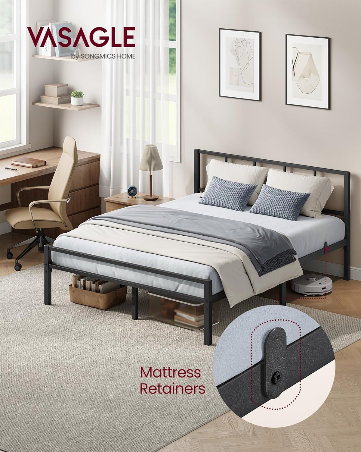 Thumbnail 2 de VASAGLE Double Bed Frame 135 x 190 cm with Slats and Headboard – Ink Black RMB296B101