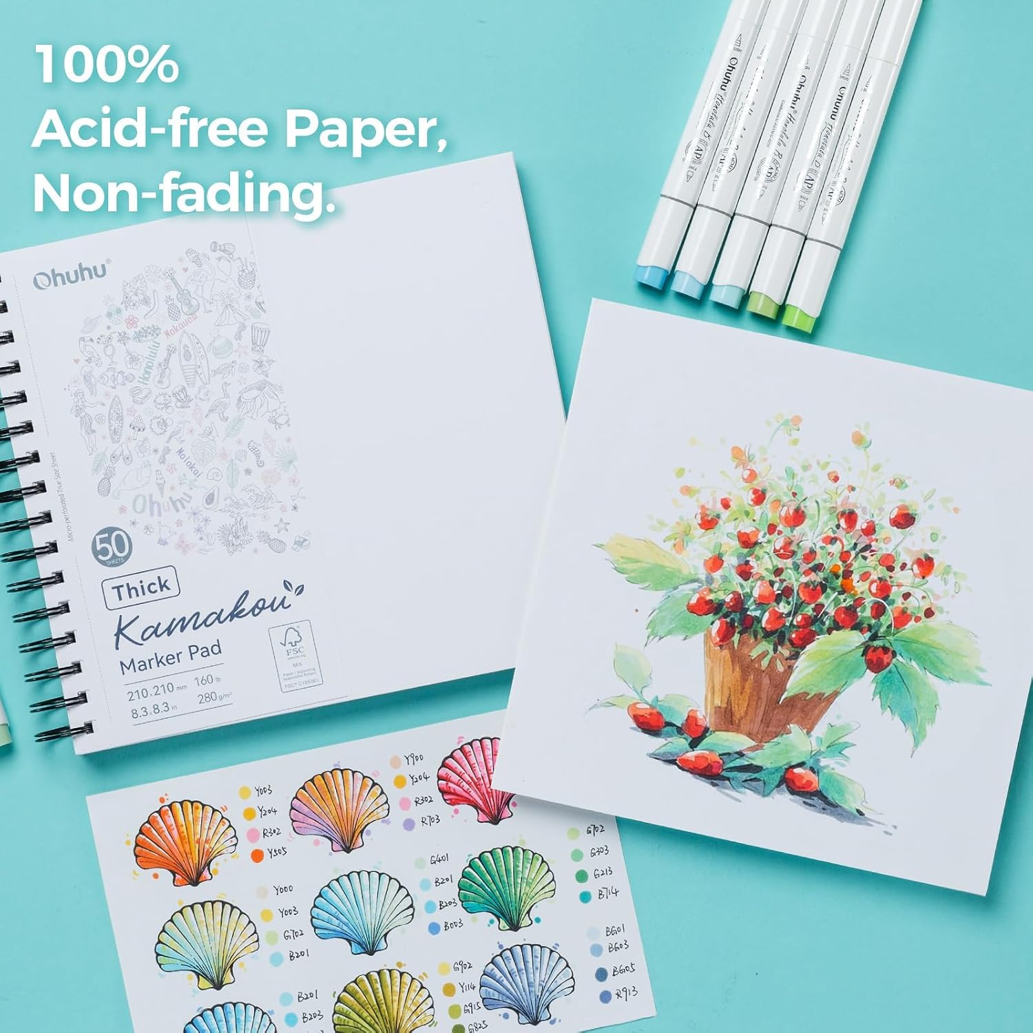 Thumbnail 6 de Ohuhu Sketchbook – Double-Sided Bleedproof Marker Pad (280GSM), 50 Sheets / 100 Pages, Spiral Bound, 8.3" x 8.3