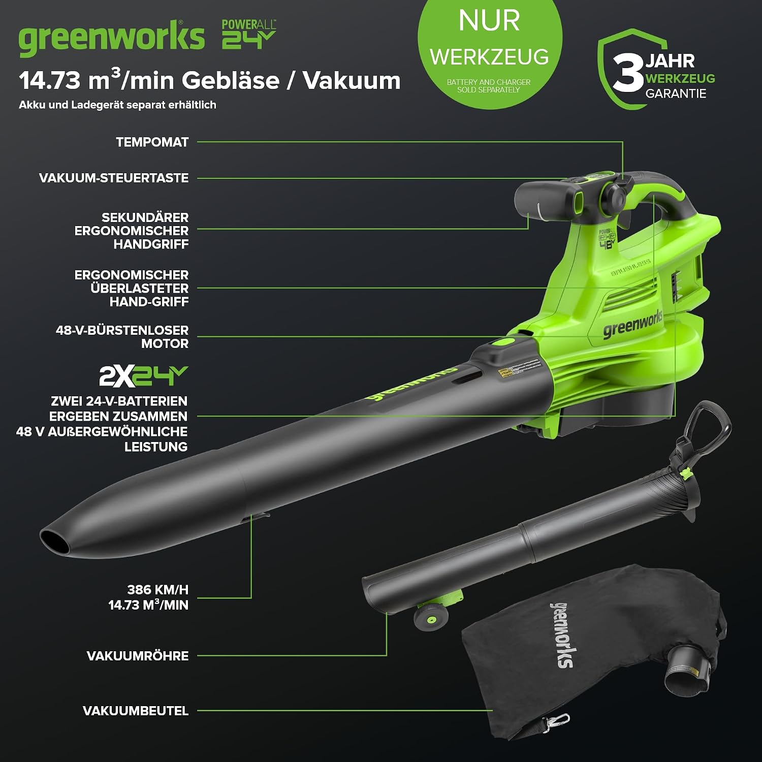 Detalle 2 de Greenworks 48V Aspiratore Soffiatore 386 km/h