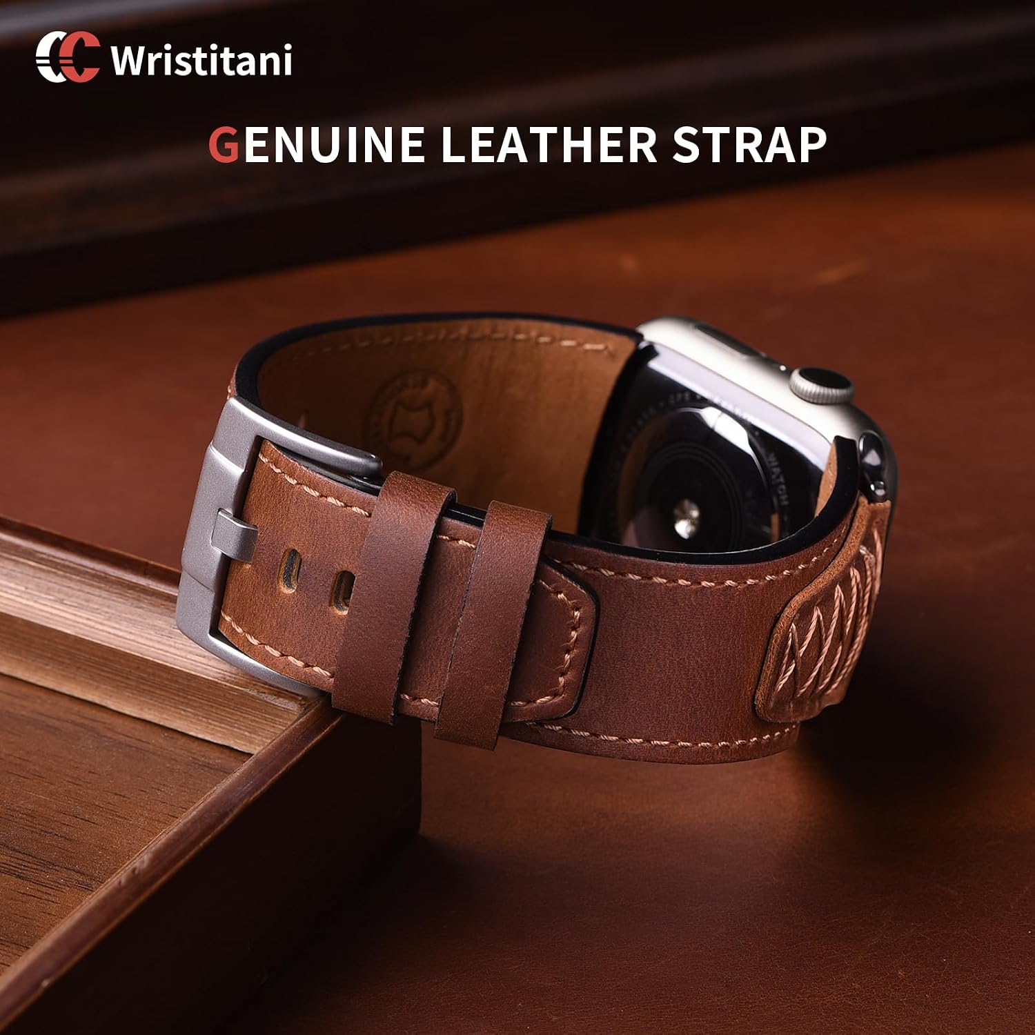 Detalle de Bracelets en cuir Wristitani pour Apple Watch 44–49 mm — cuir véritable et design maillé, haut de gamme