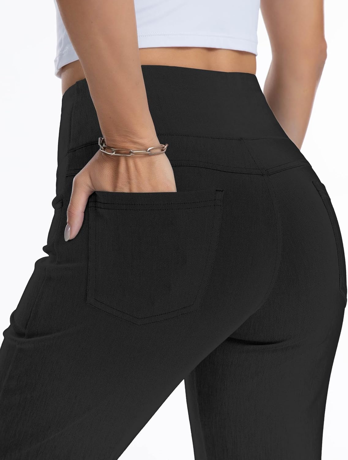 Detalle de THE GYM PEOPLE High Waist Bootcut Jeans Damen mit Bauchkontrolle & Taschen (Stretch-Denim, weites Bein)