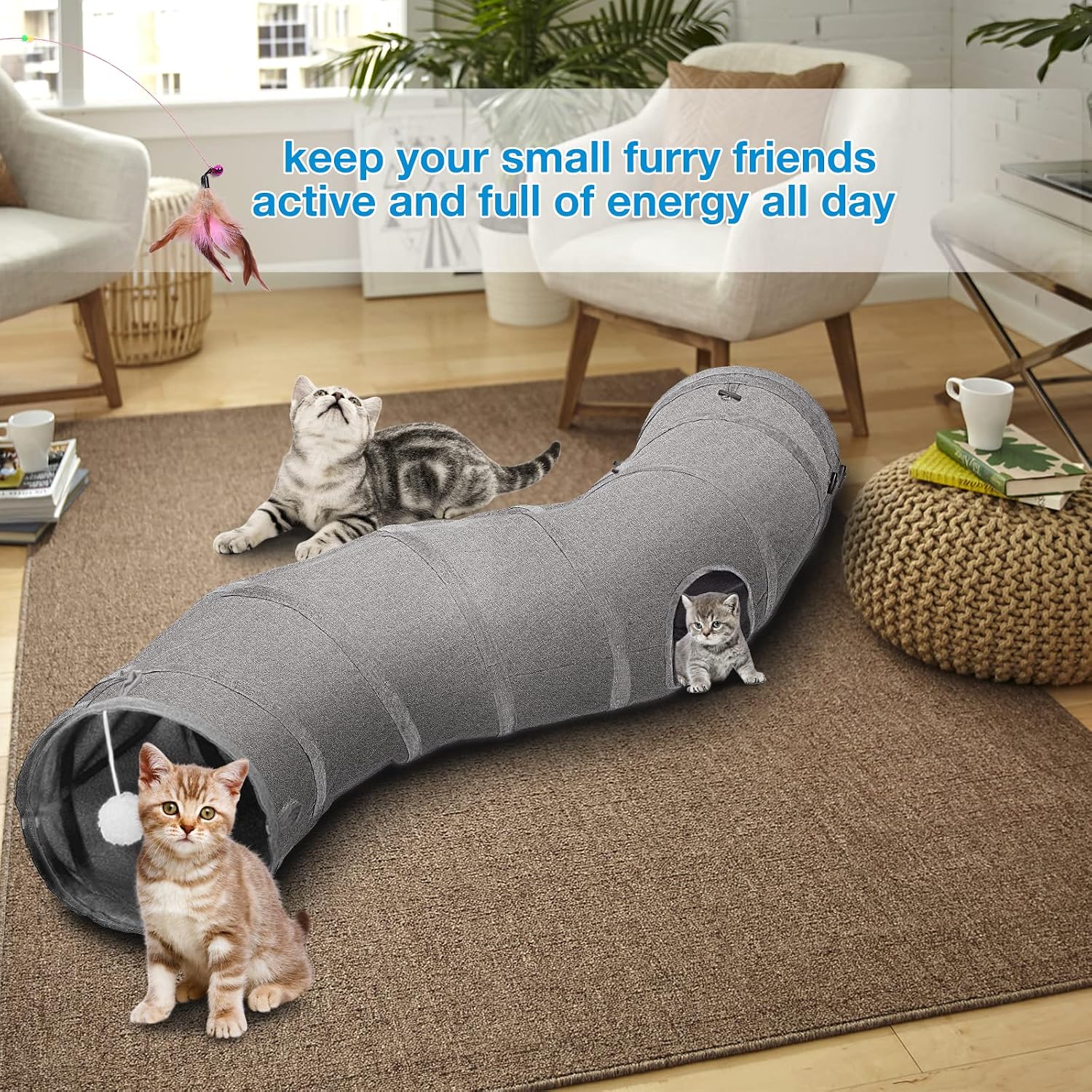 Detalle de Ownpets Cat Tunnel S-Shape with Hanging Balls (25 x 120cm) – Foldable Oxford Play Tube for Indoor Kittens