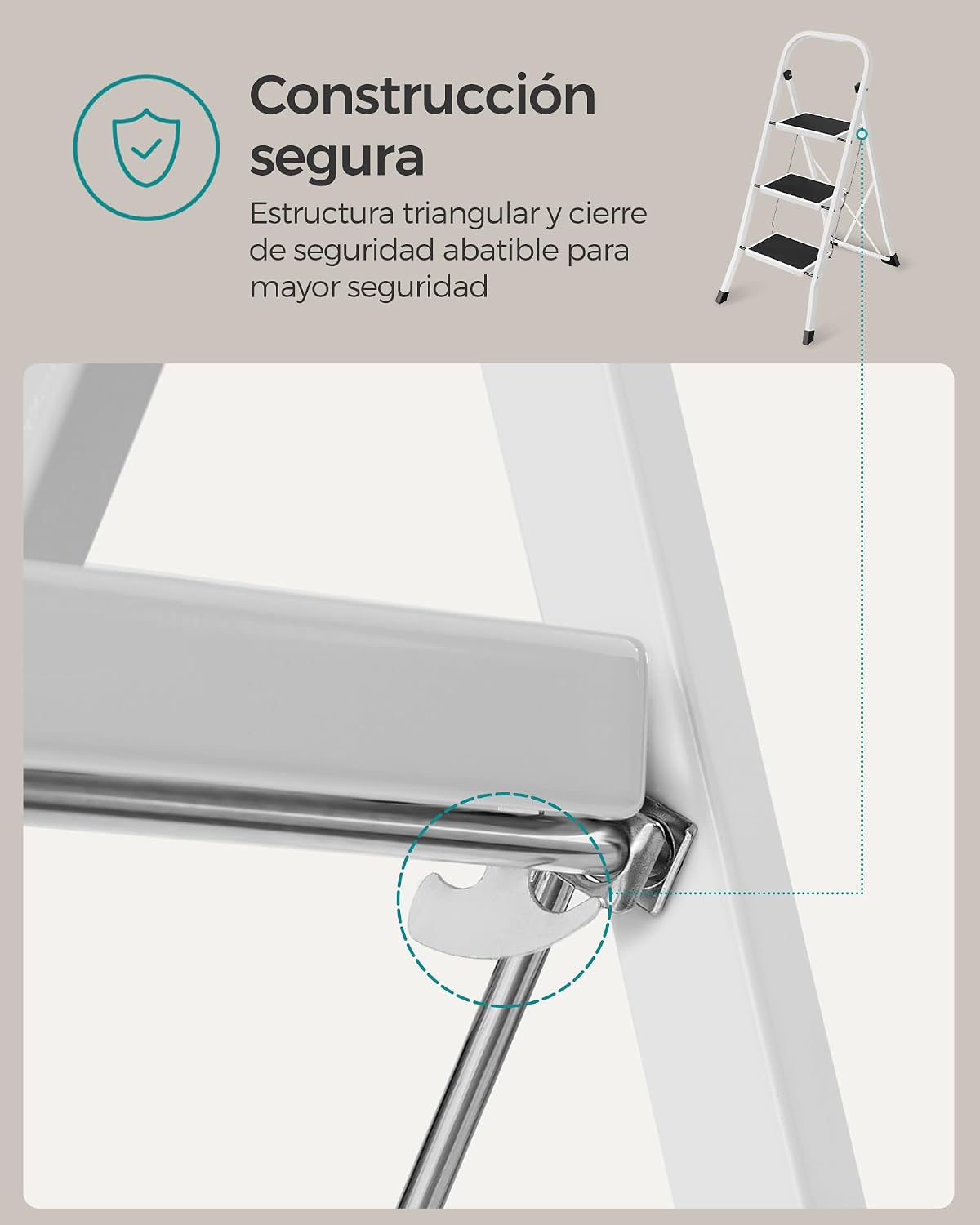 Detalle de SONGMICS GSL03WT: escalera de tijera plegable con 3 peldaños y bloqueo de seguridad
