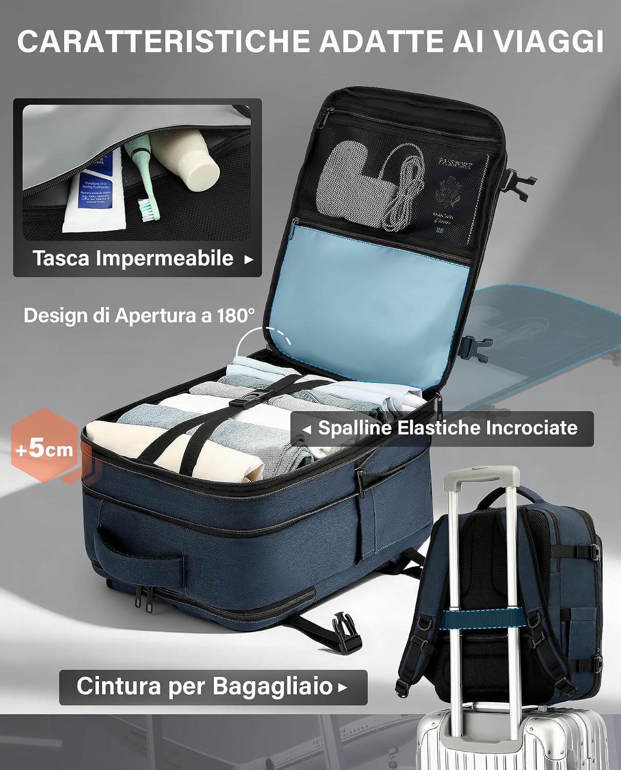 Thumbnail 4 de VANKEV Zaino da Viaggio Aereo 24–30 L, estensibile 40x30x20→40x30x25 cm, laptop 15,6", blue scuro