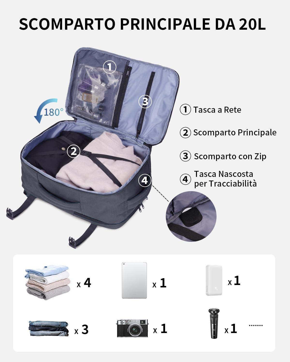 Detalle de ECOHUB Zaino Ryanair 40x20x25 Bagaglio a Mano da 20 L in PET riciclato (zaino grigio)