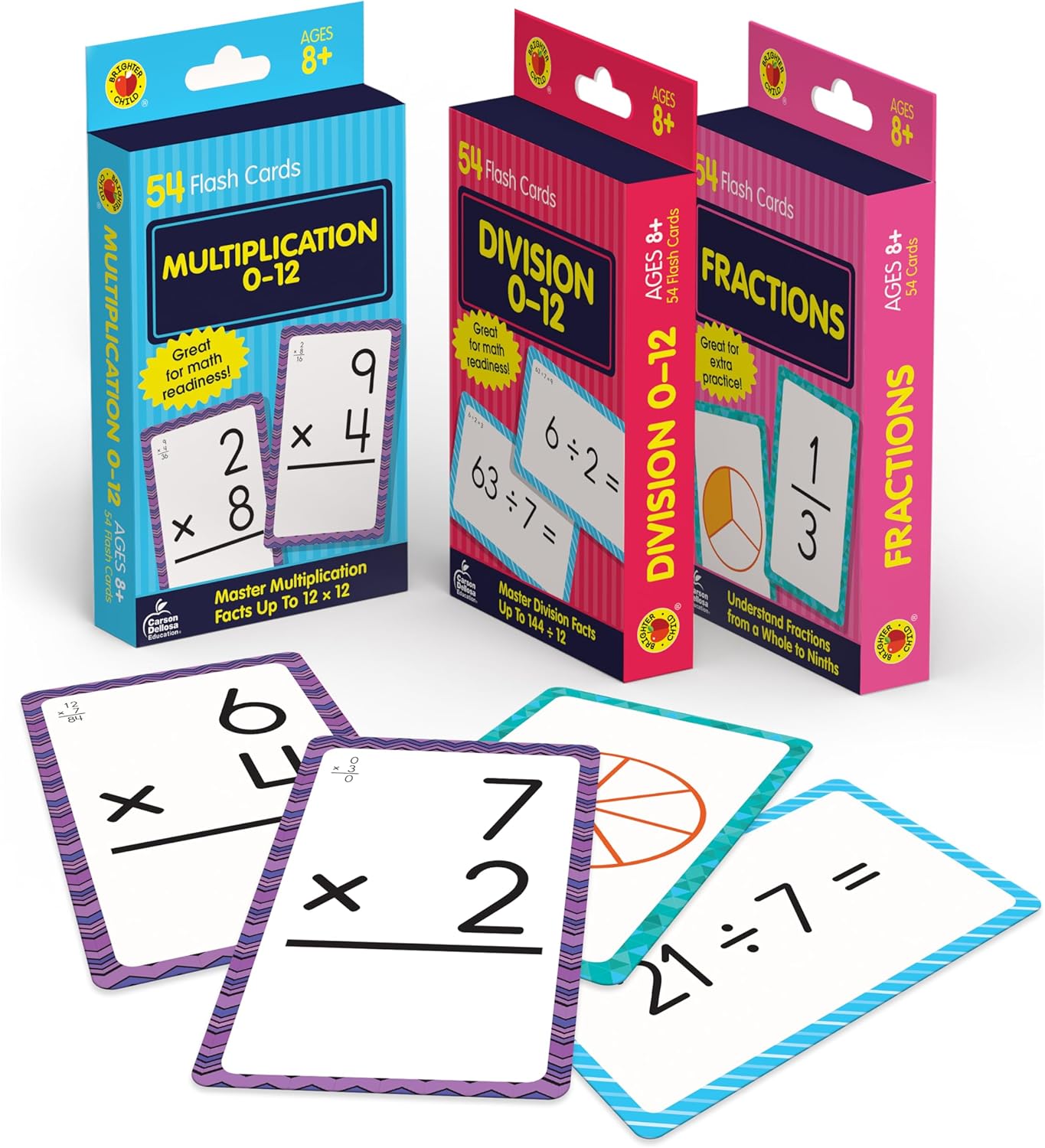 Carson Dellosa Fractions, Multiplication & Division Flash Cards — 3-Pack for 3rd Grade Math Practice