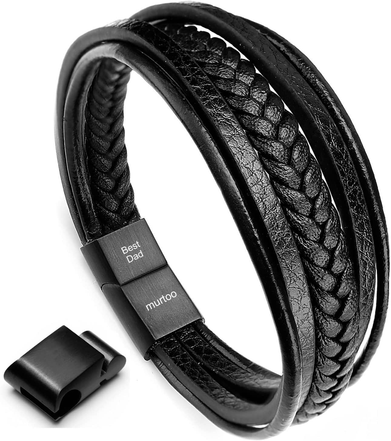 Detalle de murtoo Herren Armband Edelstahl Echtleder mit Naturstein – Magnetverschluss, geflochtenes Naturlederarmband