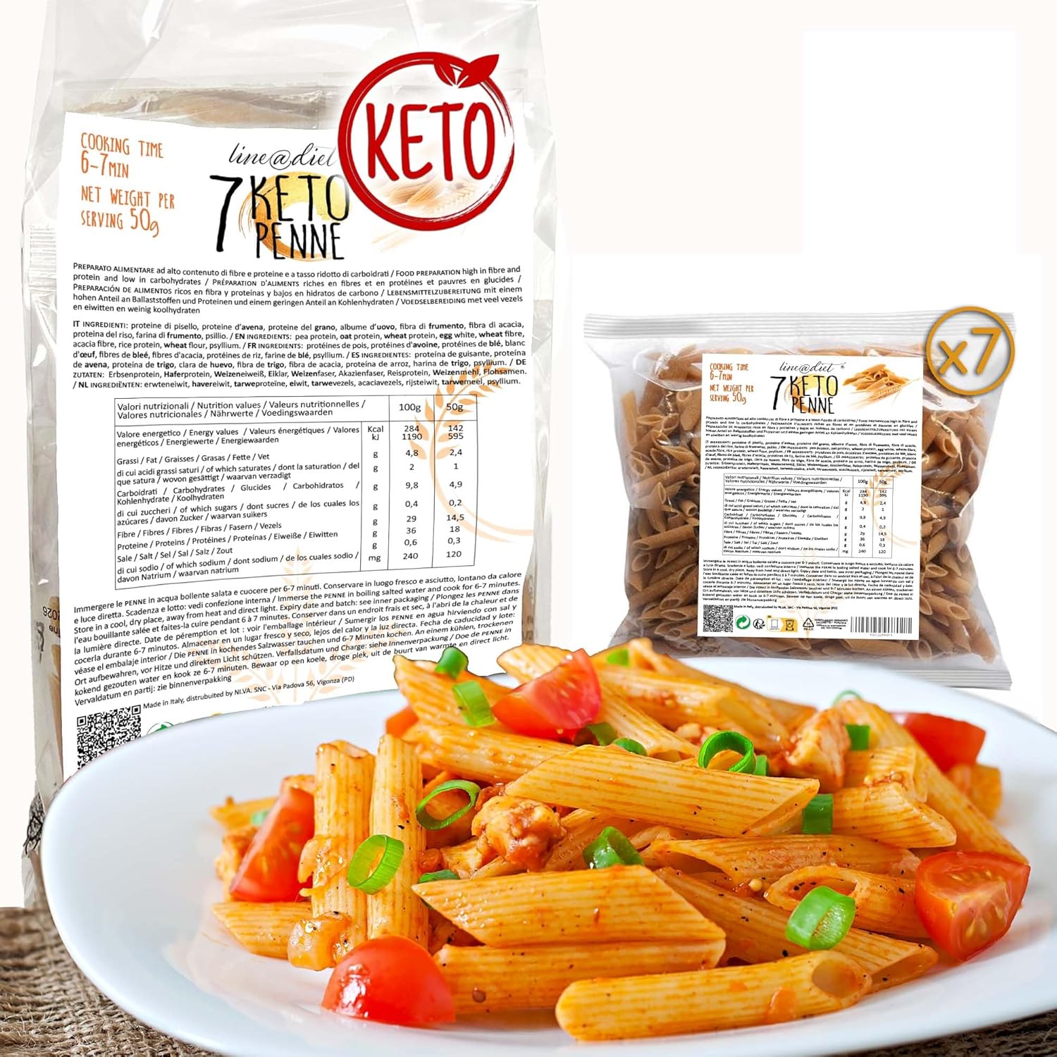 Pasta proteica keto Lineadiet penne chetogeniche 7 monoporzioni da 50 g