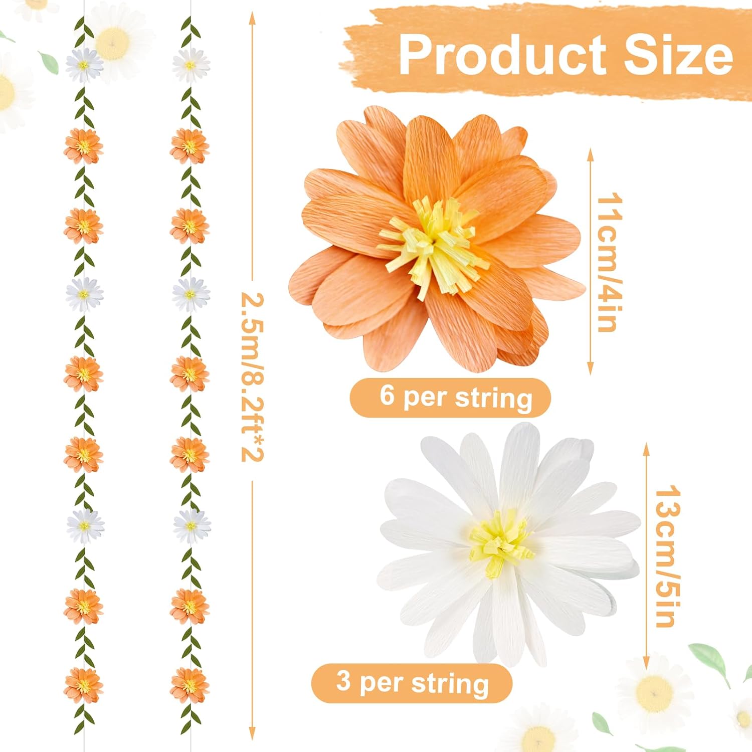 Thumbnail 2 de Easy Joy Paper Flower Garland 8.2ft - Spring Orange & White Floral Banner with Green Leaves