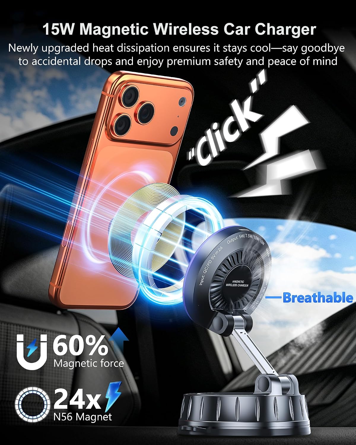 Detalle de Magnetic wireless car mount charger 15W