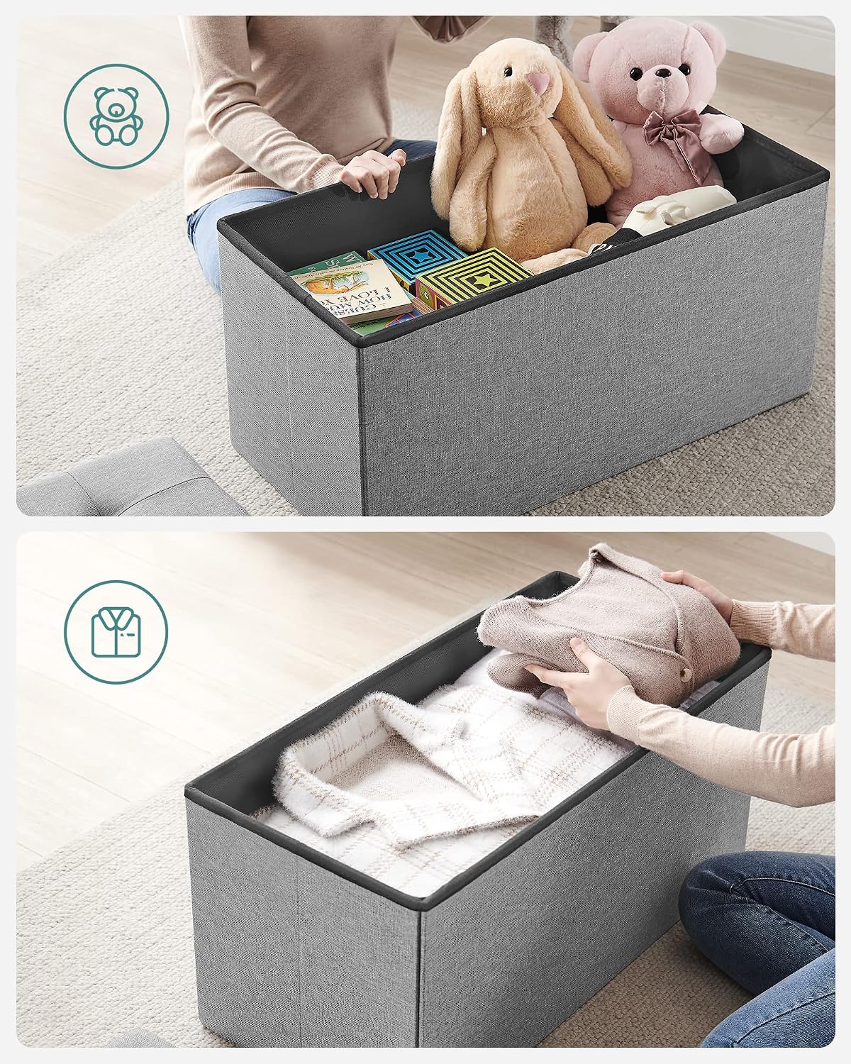 Detalle de SONGMICS MINOTA LSF41G opvouwbare zitbank, 89 liter en tweezijdig klapdeksel