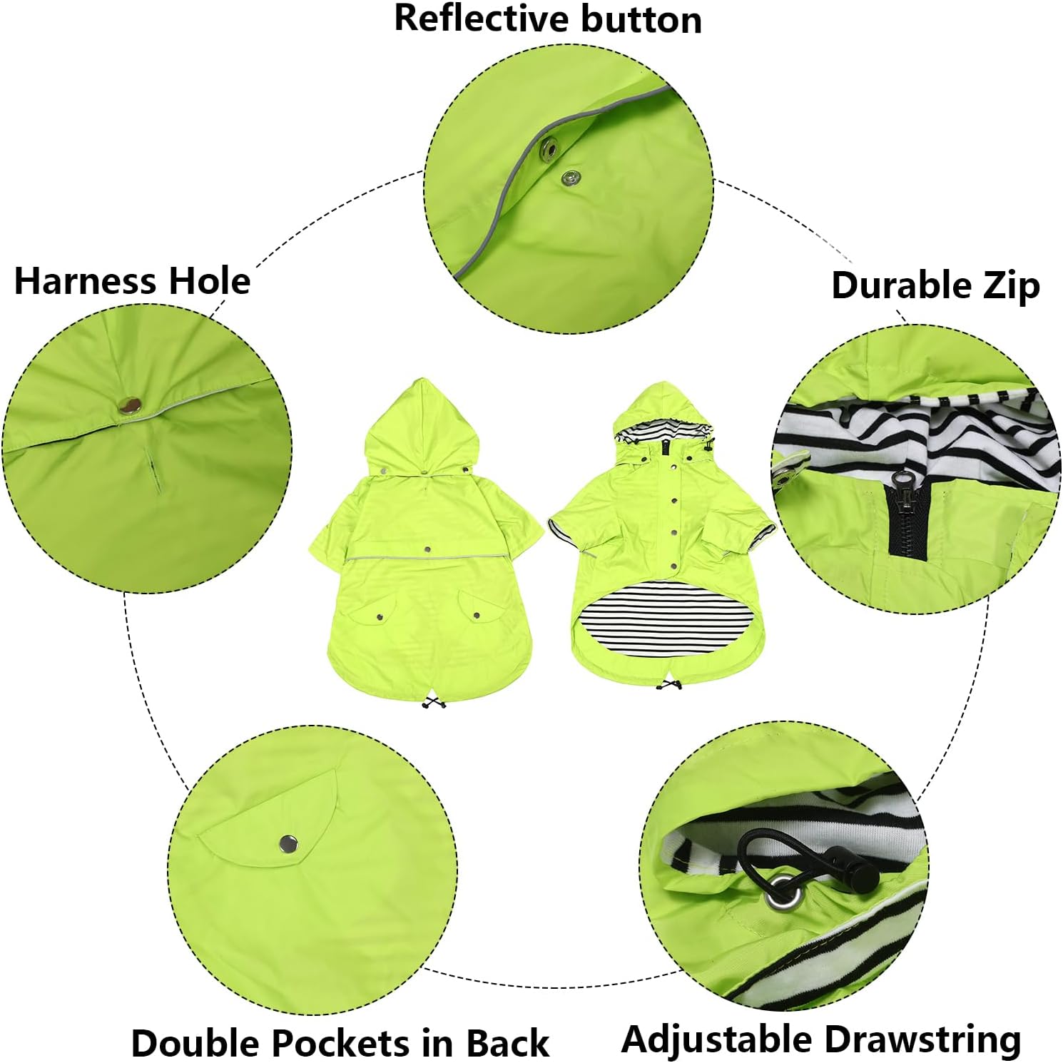 Thumbnail 2 de Morezi Dog Zip-Up Raincoat with Removable Hood and Reflective Buttons (Light Green) – Rain/water resistant for small to medium dogs