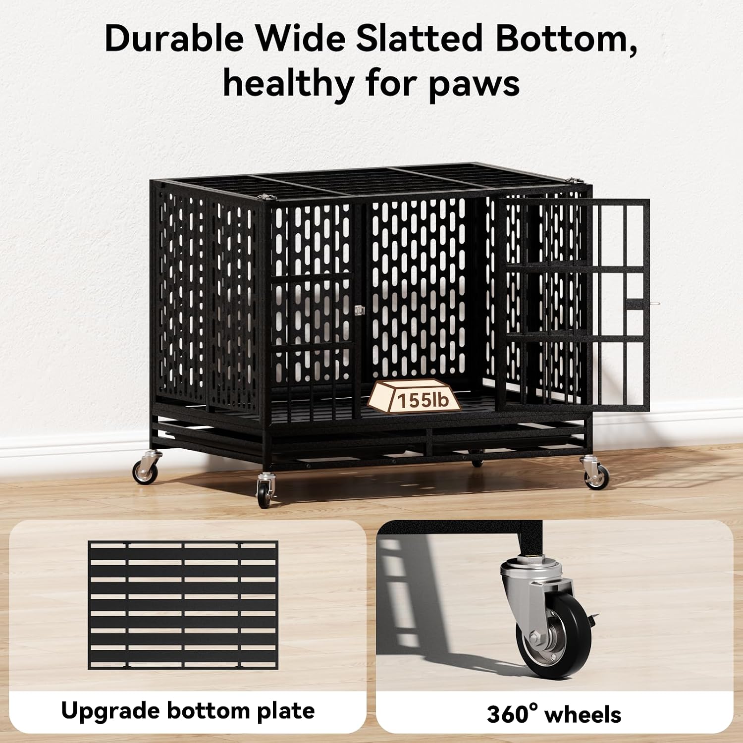 Detalle 1 de HMHTCT 42-Inch Heavy-Duty Dog Crate with Wheels, Double Doors and Tray