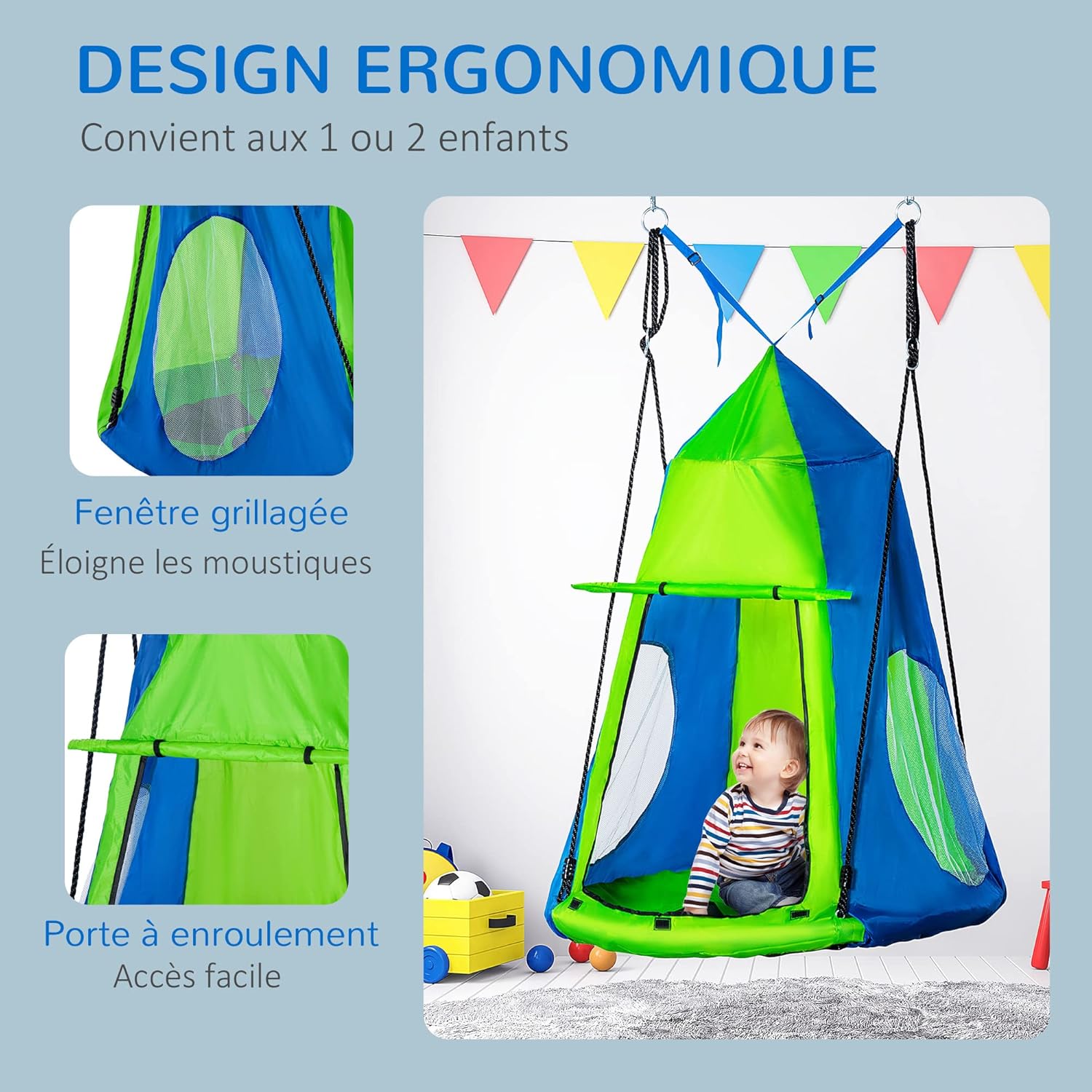 Detalle de Outsunny balançoire nid d’oiseau ronde Ø 100 cm avec tente amovible