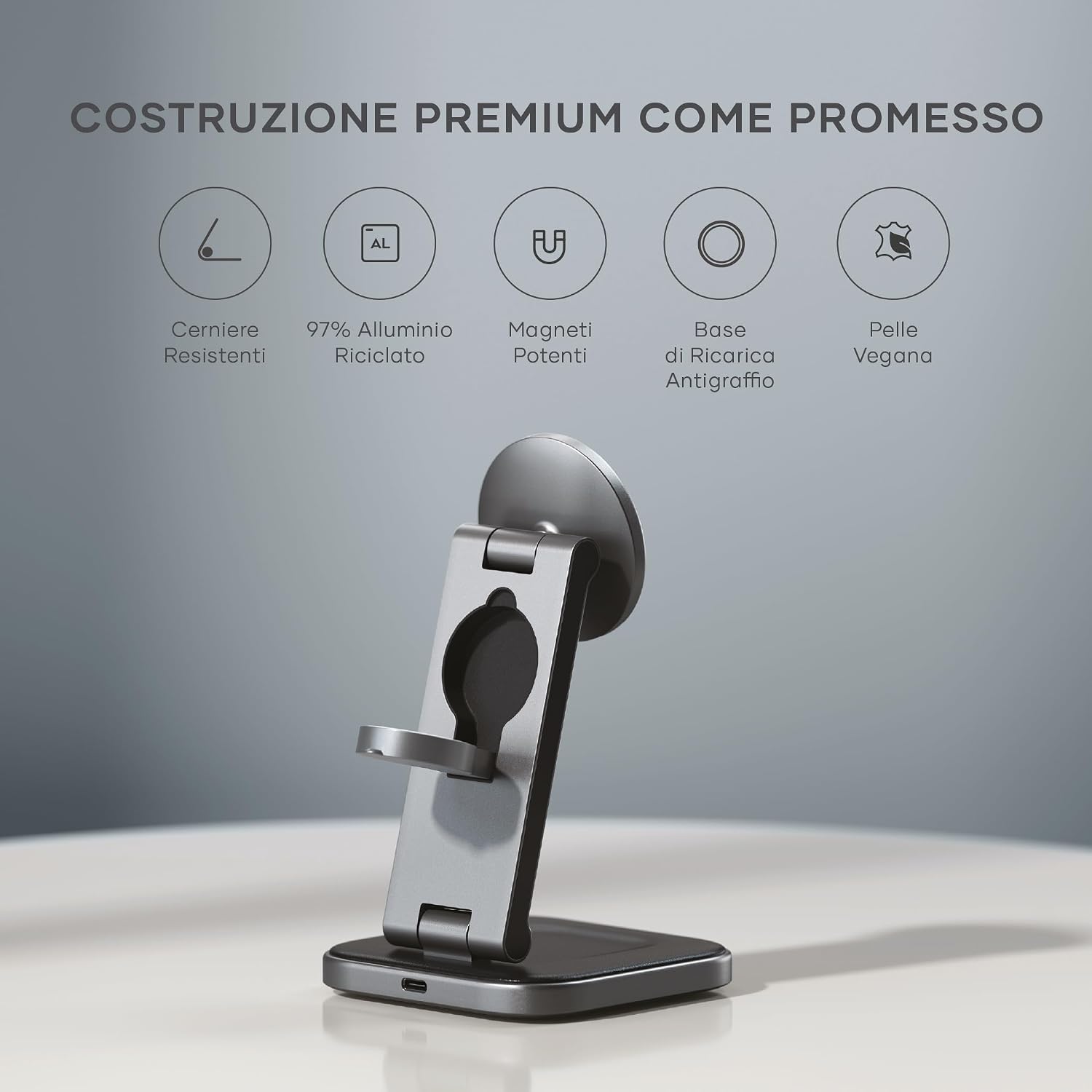 Detalle de SATECHI OntheGo™ Caricatore Wireless Pieghevole 3 in 1 (Stazione di Ricarica Magnetica 15W) certificata Qi2
