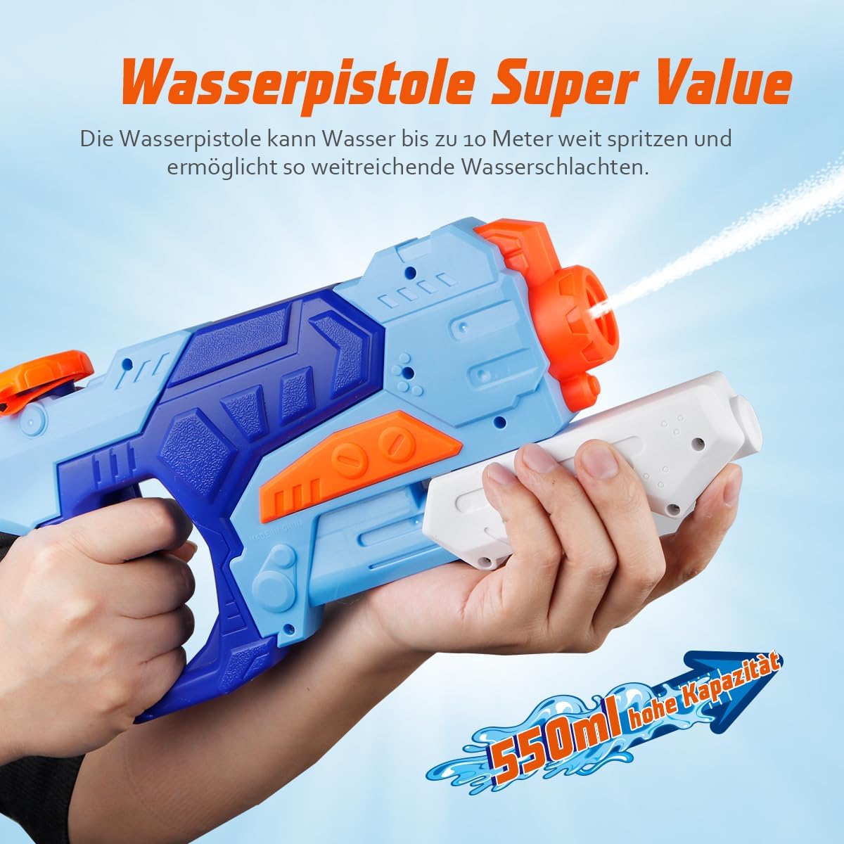 Detalle de D-FantiX Wasserpistolen 2er-Set: Große Kapazität, weite Reichweite, Spielspaß für Pool & Strand