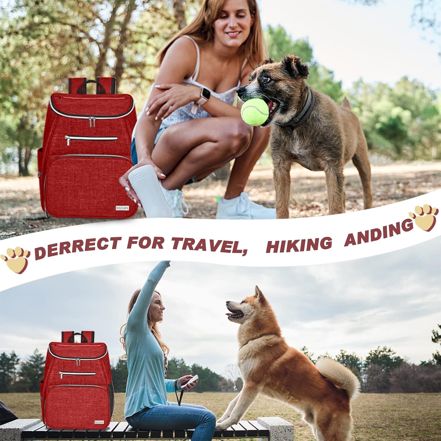Detalle 2 de BAGLHER Dog Travel Bag Backpack – Airline Approved with 2 Collapsible Bowls & 2 Food Baskets (Red)