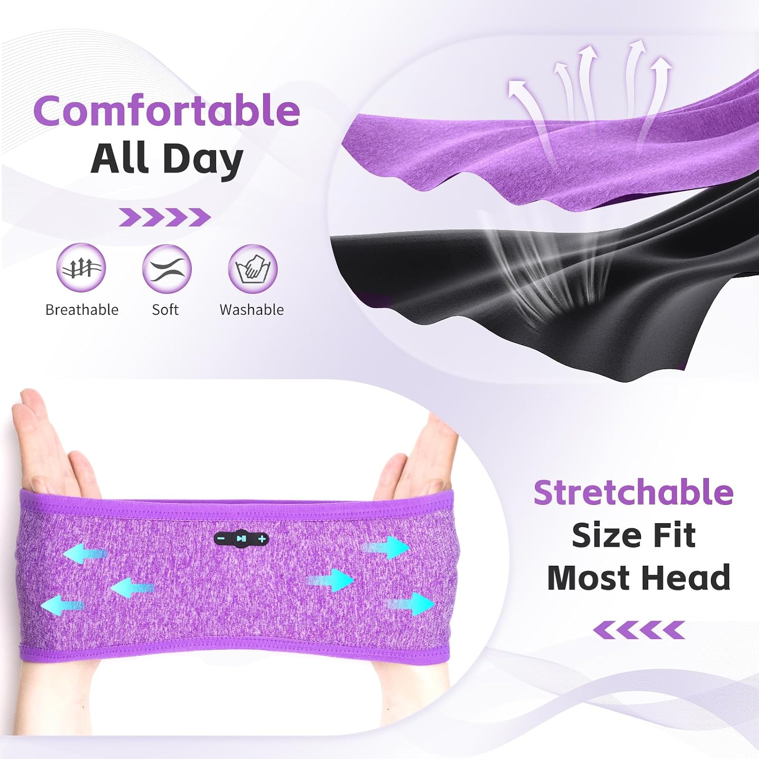 Detalle de Veeniitosr Sleep Headphones Bluetooth 6.0 Headband (Grey & Purple) – 2-in-1 Sleep & Sport Headband