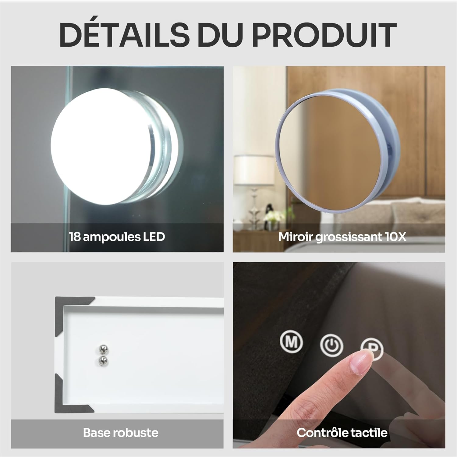Thumbnail 6 de YU YUSING Hollywood Miroir Maquillage Lumineux 80x62 cm – LED 18 lampes, 3 couleurs, Grossissant 10x, montage mural