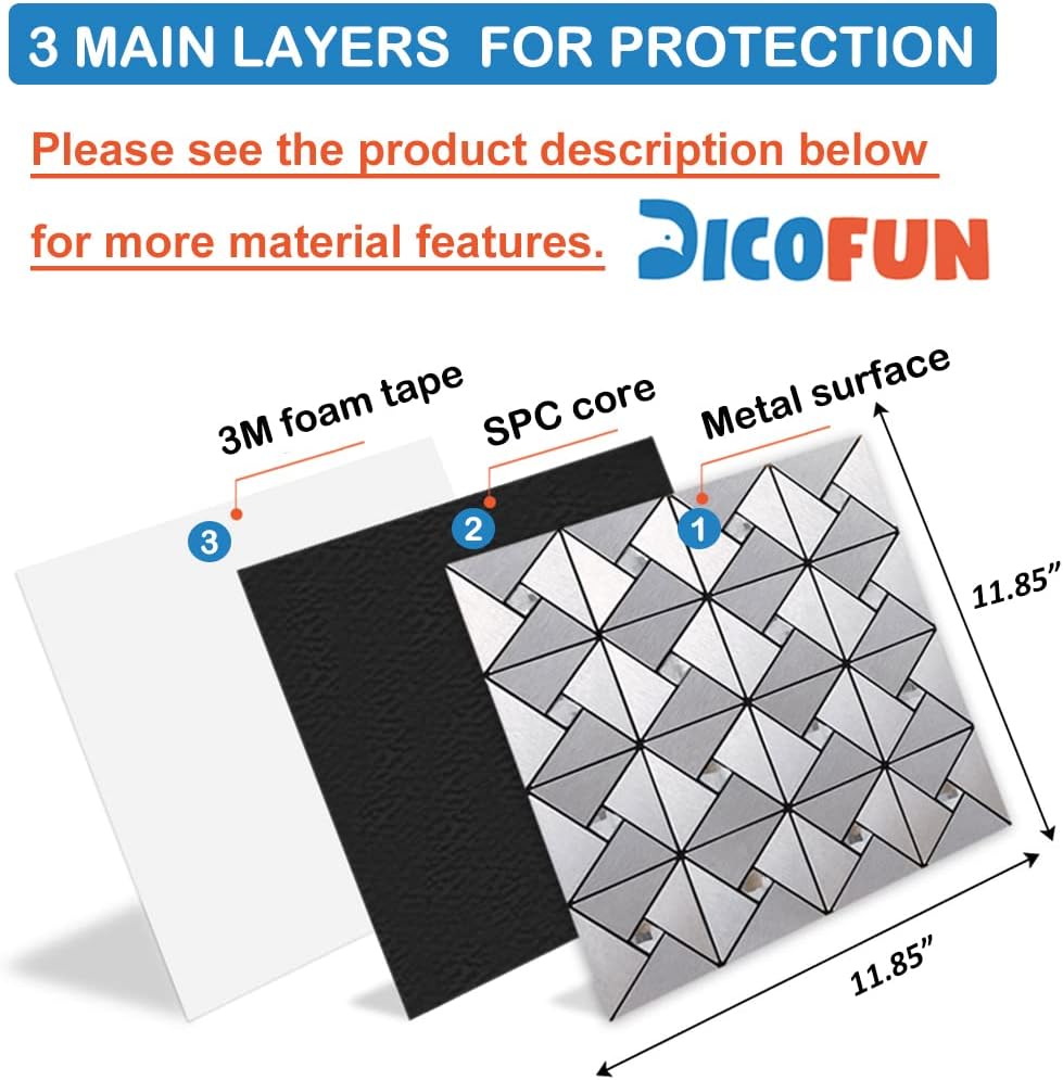 Detalle 2 de DICOFUN Peel-and-Stick Backsplash Tiles, Stainless Steel