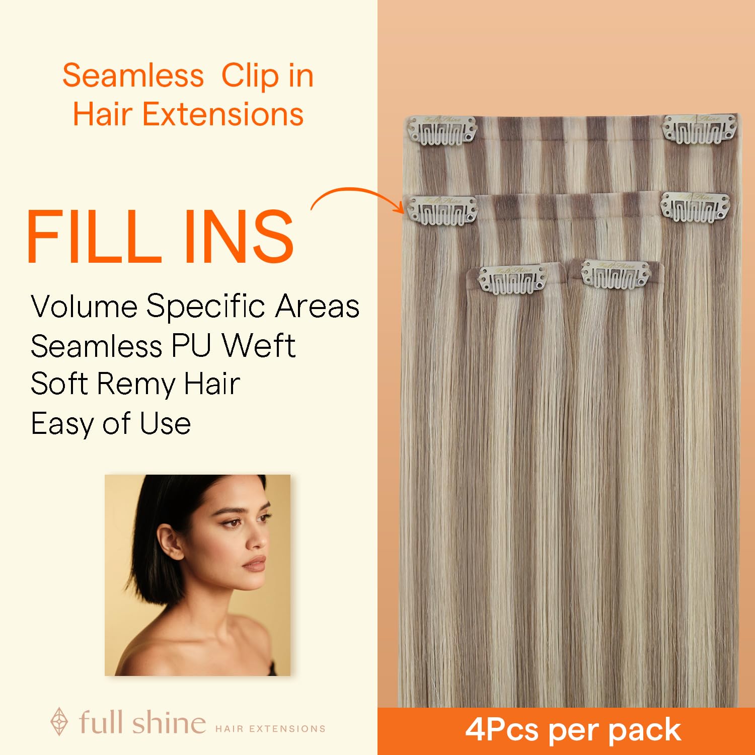 Detalle 2 de Full Shine Seamless Clip-In Hair Extensions: 4-Piece, 20-Inch, Ash Blonde Highlights