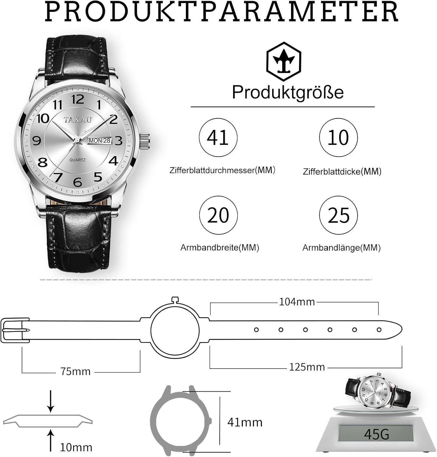 Detalle de Taxau Klassische Lederuhr Männer Analog Quarz 41 mm