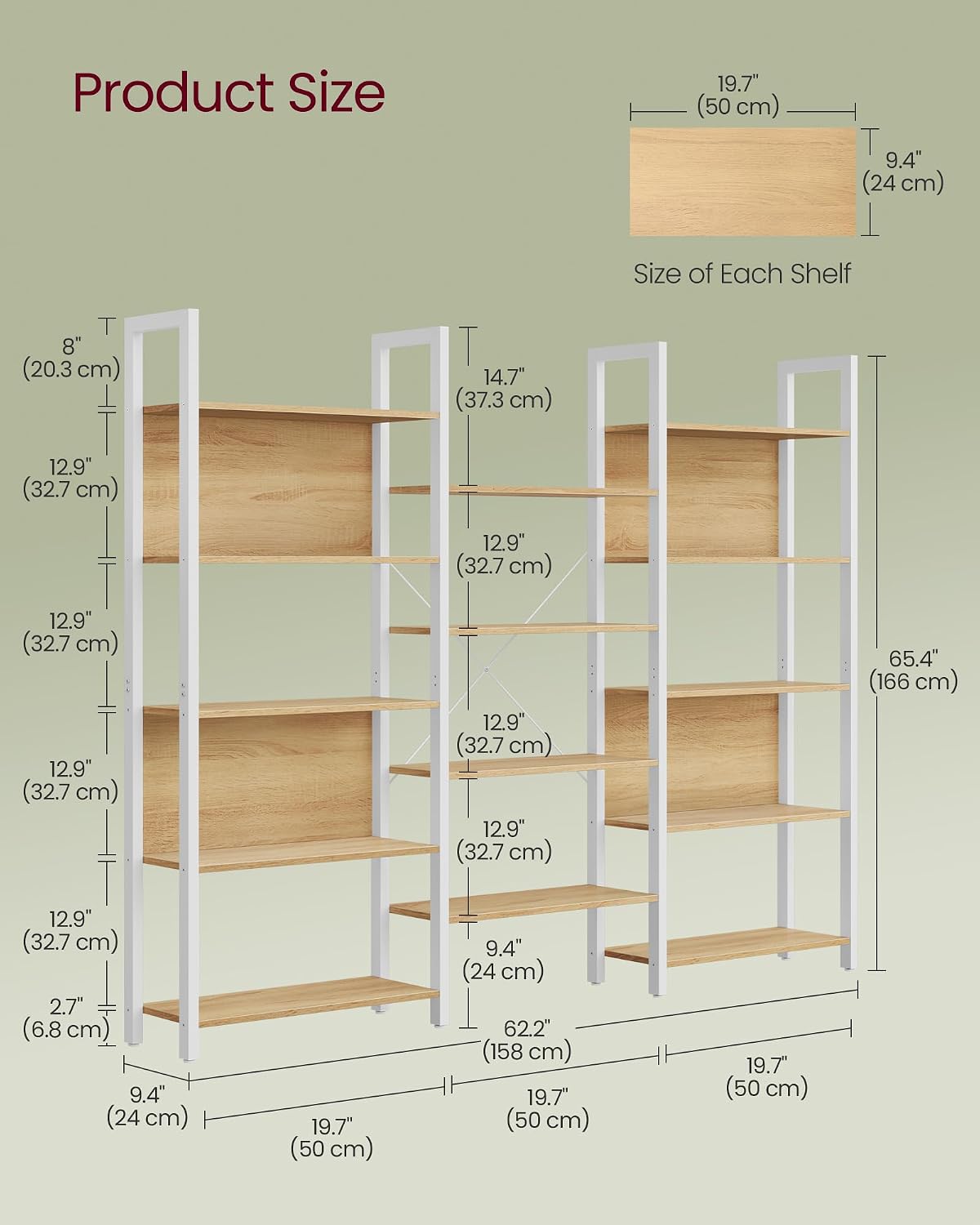 Detalle de VASAGLE BARNET LLS107YA01 14-Shelf Bookcase, Steel Frame, Golden Oak and White
