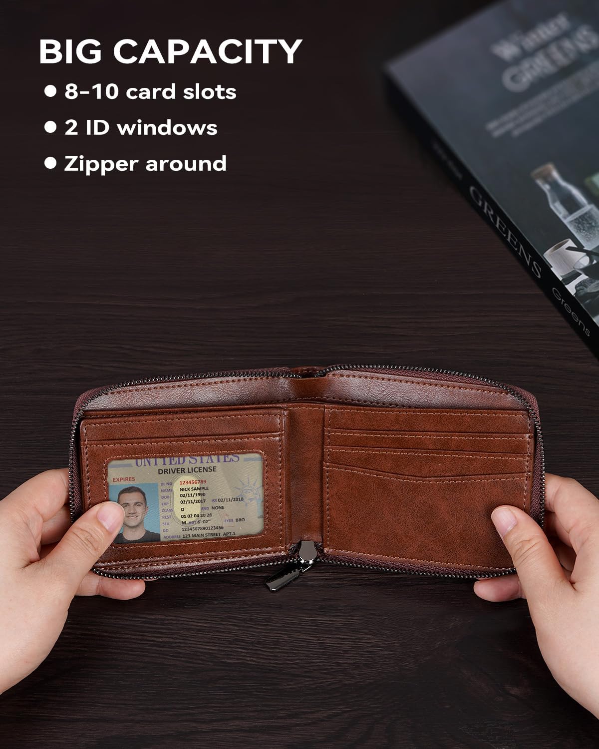 Detalle 2 de Swallowmall Men's Zippered Leather Bifold Wallet, RFID Blocking, 2 ID Windows