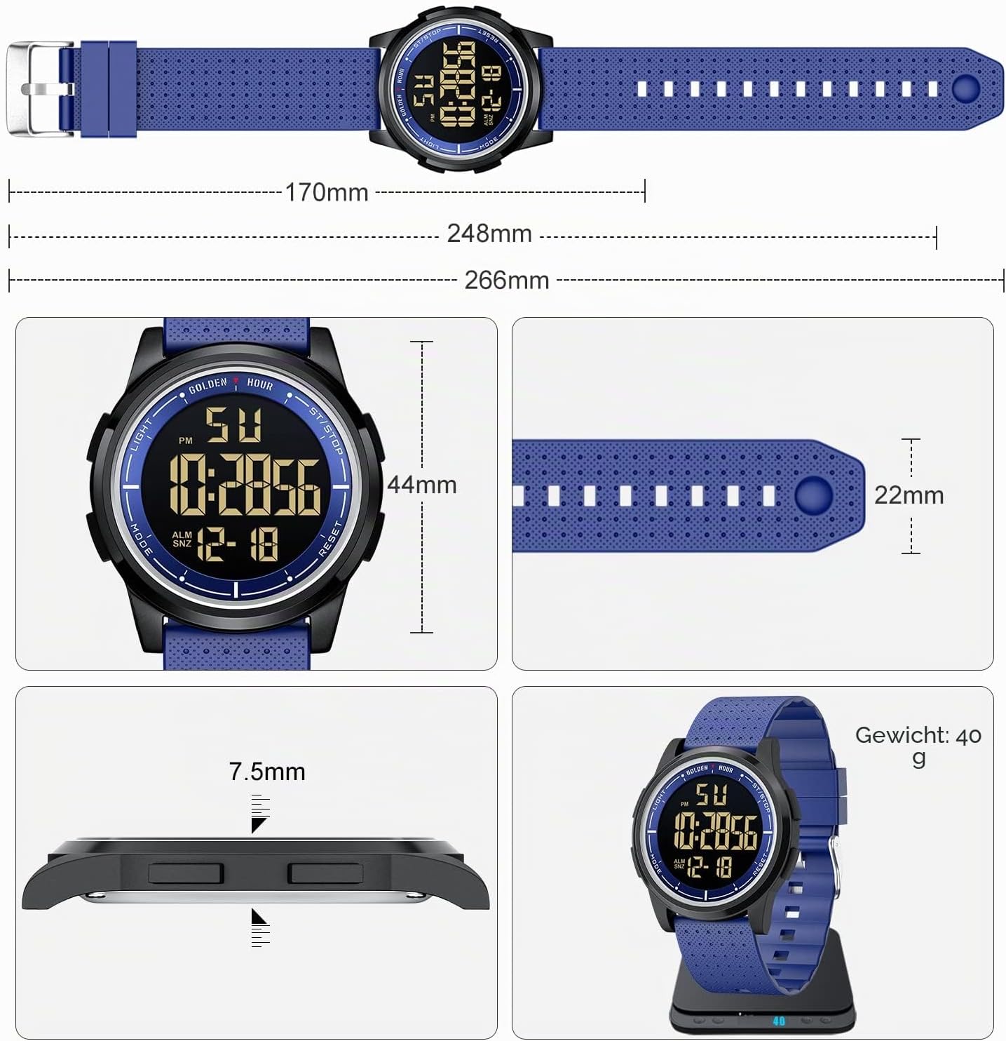 Detalle de GOLDEN HOUR Ultradünne Minimalistische Sportuhr – wasserdicht, helles Display, Weitwinkel-Gehäuse